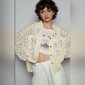 #560 POL Square Block Lace and Double Gauze Top in Natural